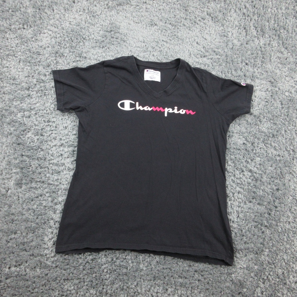 Champion Shirt Womens Large Black Pink Spell Out Tee Authentic Athleticwear
